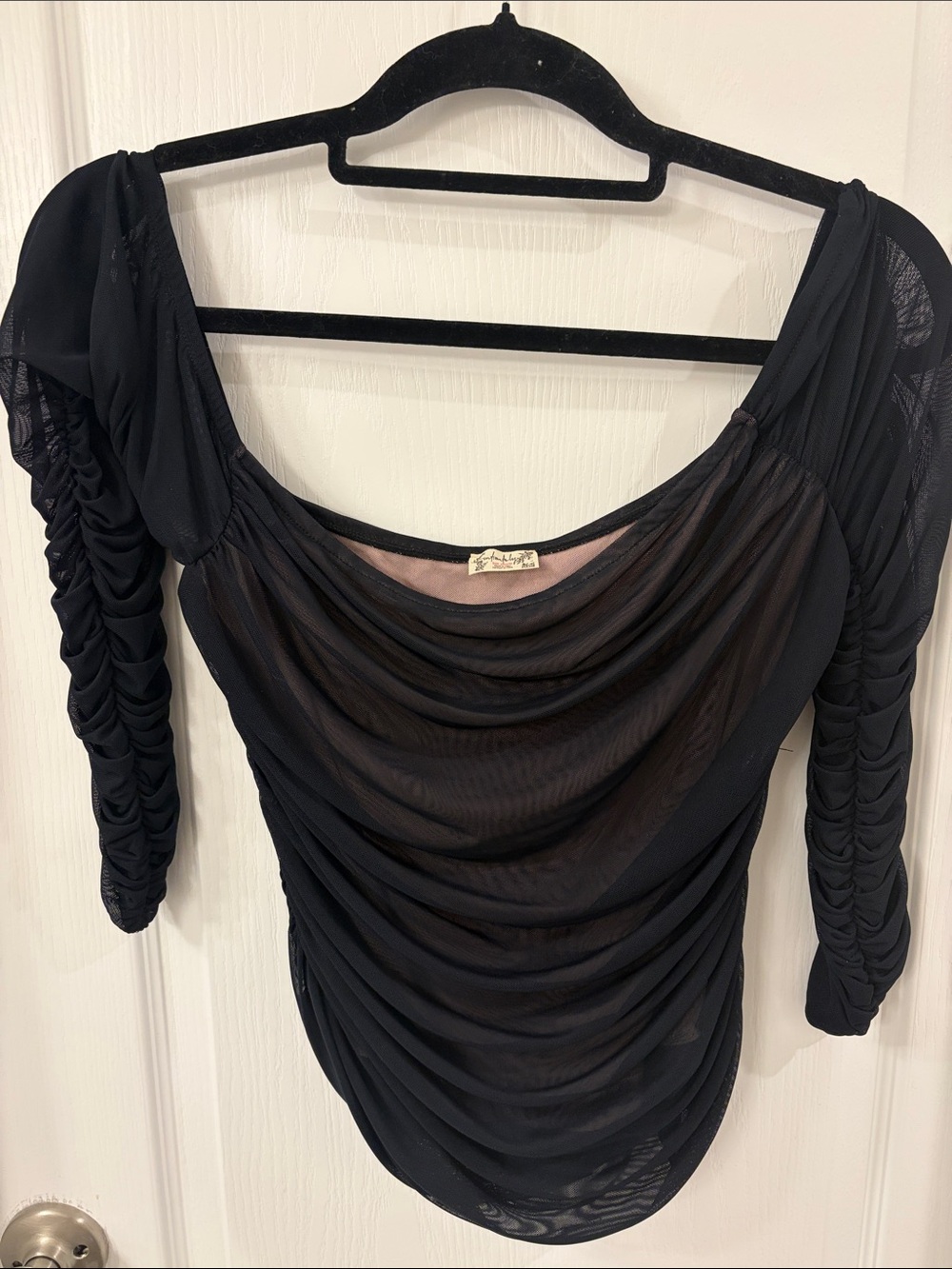 Free People Black Sheer Ruched Long Sleeve Drape Top